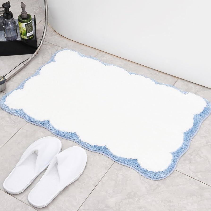 Luxury Microfiber Bathroom Rugs, White Bath Rug with Blue Scalloped Piping Cute Aesthetic Bath Ma... | Amazon (US)