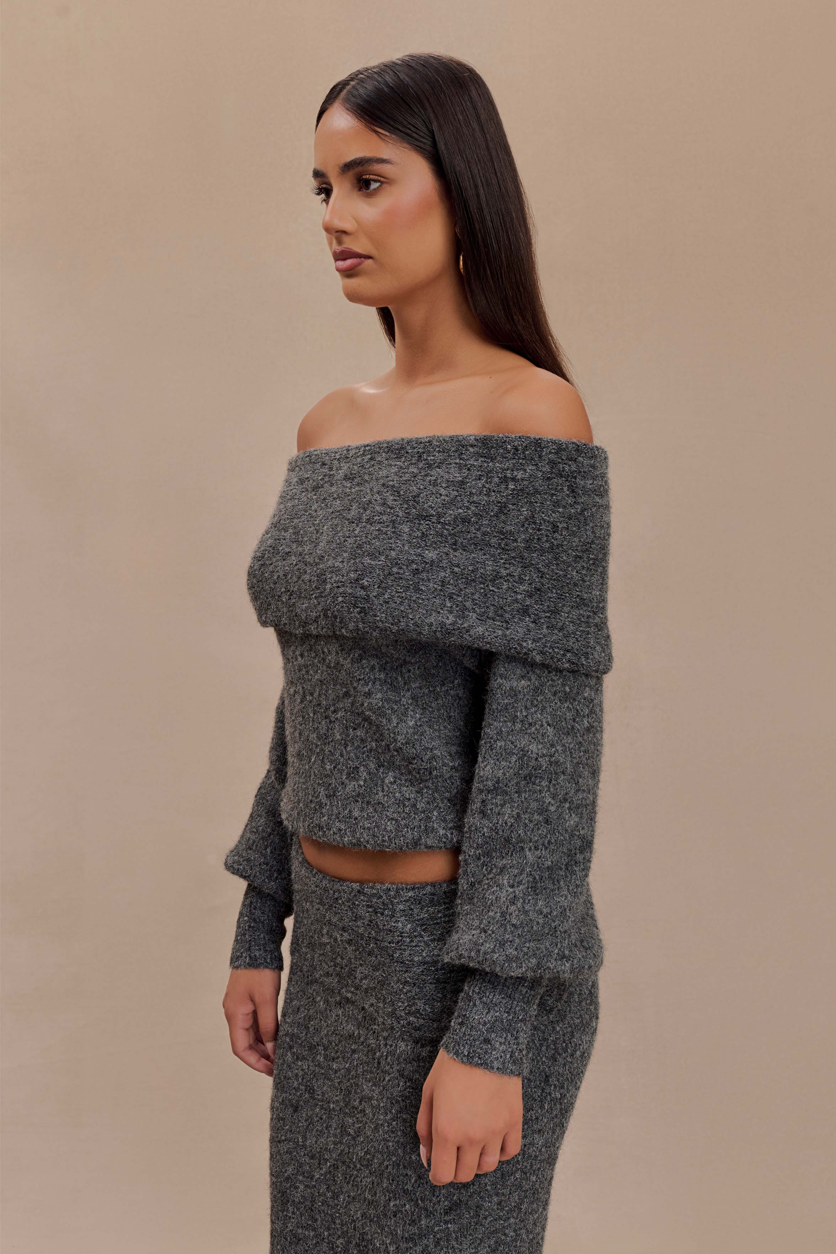 Charlotte Off Shoulder Knit Long Sleeve Top - Charcoal Marle | MESHKI US
