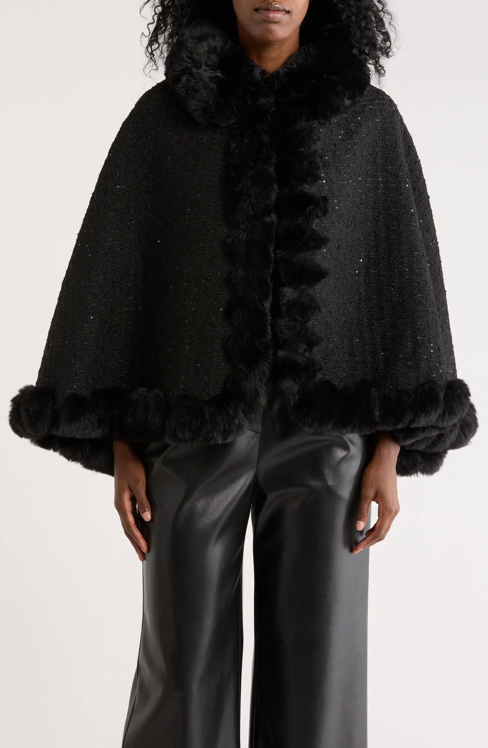 Vince Camuto Sequin Tweed Cape with Faux Fur Trim | Nordstromrack | Nordstrom Rack