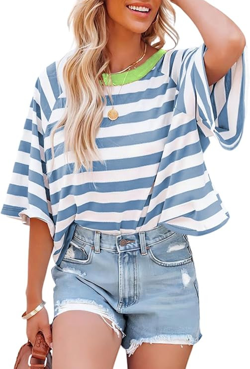 Dokotoo Tops for Women Striped 2026 Fashion T Shirts for Women Color Block Crewneck Design Loose ... | Amazon (US)