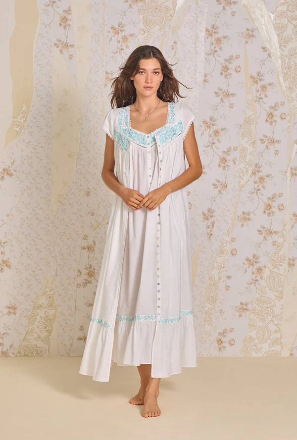 Iconic White Aqua Embroidery Cotton Lawn Button Front Robe | Eileen West