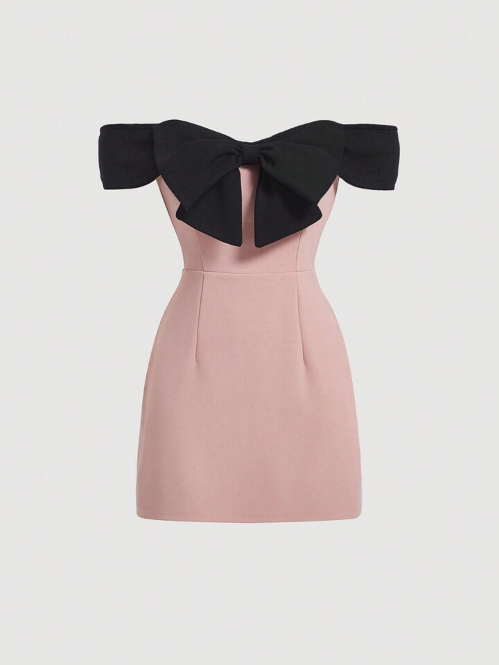 SHEIN MOD Women's Color Block Off Shoulder Dress With Bow Detail | SHEIN