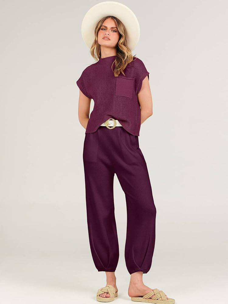 ANRABESS Women's Two Piece Outfits Sweater Sets Knit Pullover Tops and High Waisted Pants Tracksuit  | Amazon (US)