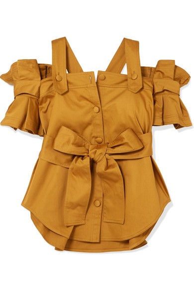 Silvia Tcherassi - Giuliani Cold-shoulder Belted Ruffled Cotton-blend Top - Mustard | NET-A-PORTER (UK & EU)