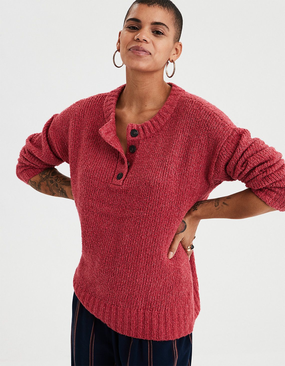 AE Henley Pullover Sweater, Pink | American Eagle Outfitters (US & CA)
