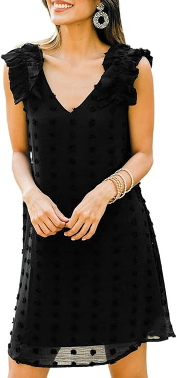 Sidefeel Womens V Neck Sleeveless Ruffle Chiffon Swiss Dot Shift Dress | Amazon (US)