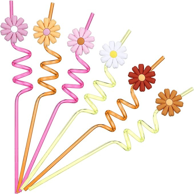 Uiifan 24 Pcs Plastic Flower Straws Bulk Reusable Groovy Daisy Straws Funny Daisy Party Favors fo... | Amazon (US)