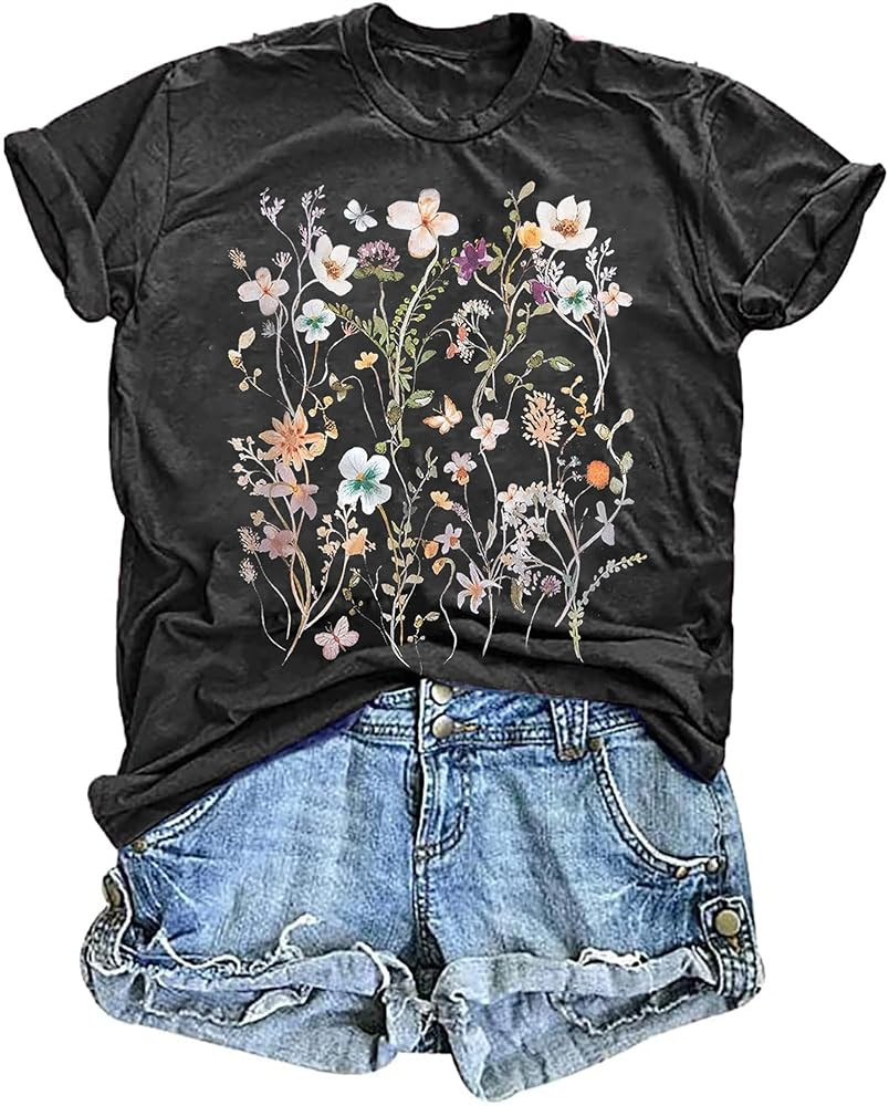Women's Vintage Floral T Shirt Boho Wildflower Graphic Loose Tees Short Sleeve Casual Tops | Amazon (US)