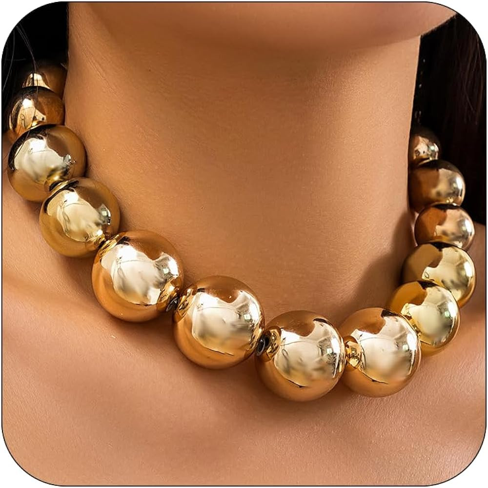 CJIAYUJEW Chunky Gold Necklace for Women - Big Silver Statement Beaded Necklace, Thick Bold Ball ... | Amazon (US)