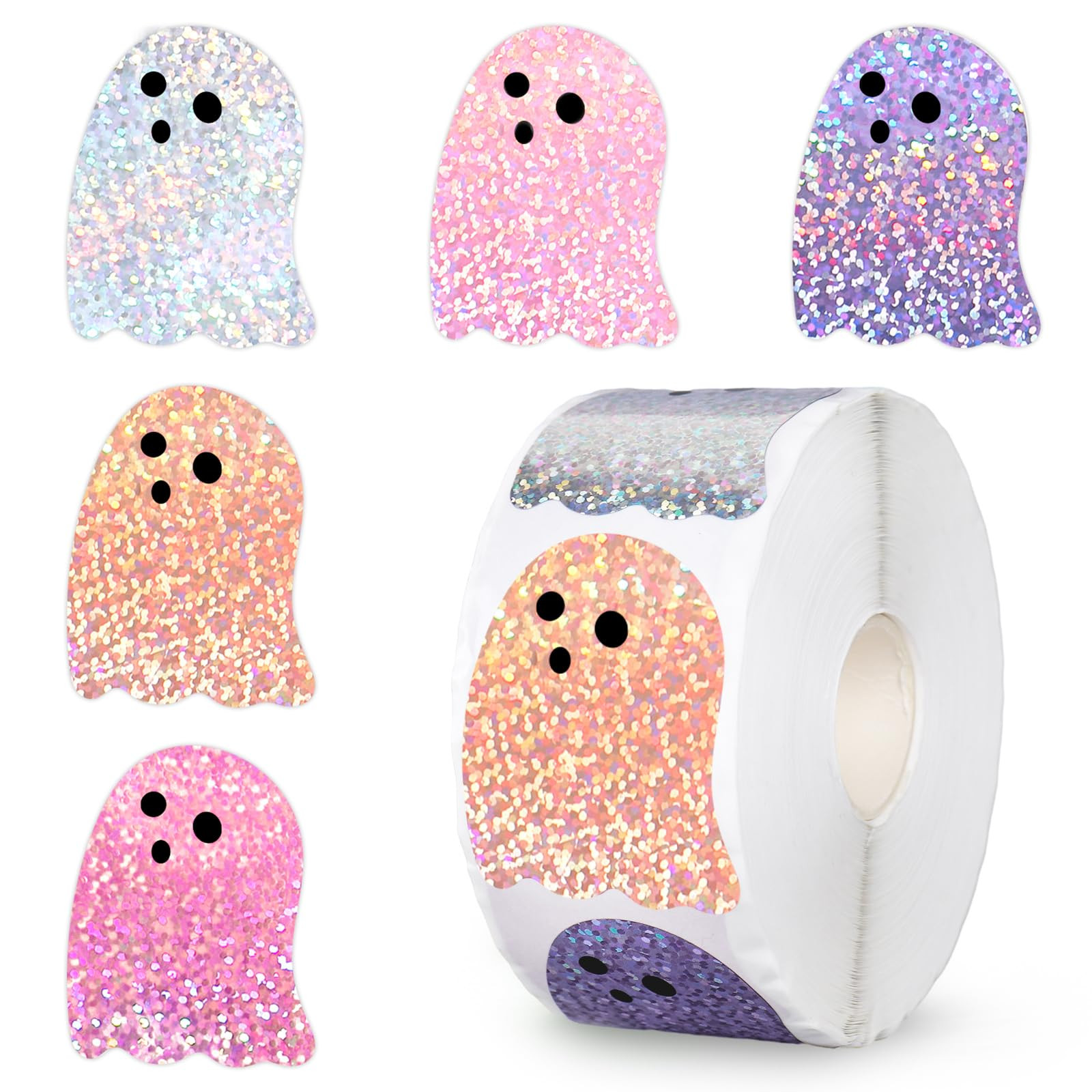 1000Pcs Halloween Ghost Holographic Stickers Roll 5 Colors 1.5 Inch Decals Pink Purple Orange Whi... | Amazon (US)