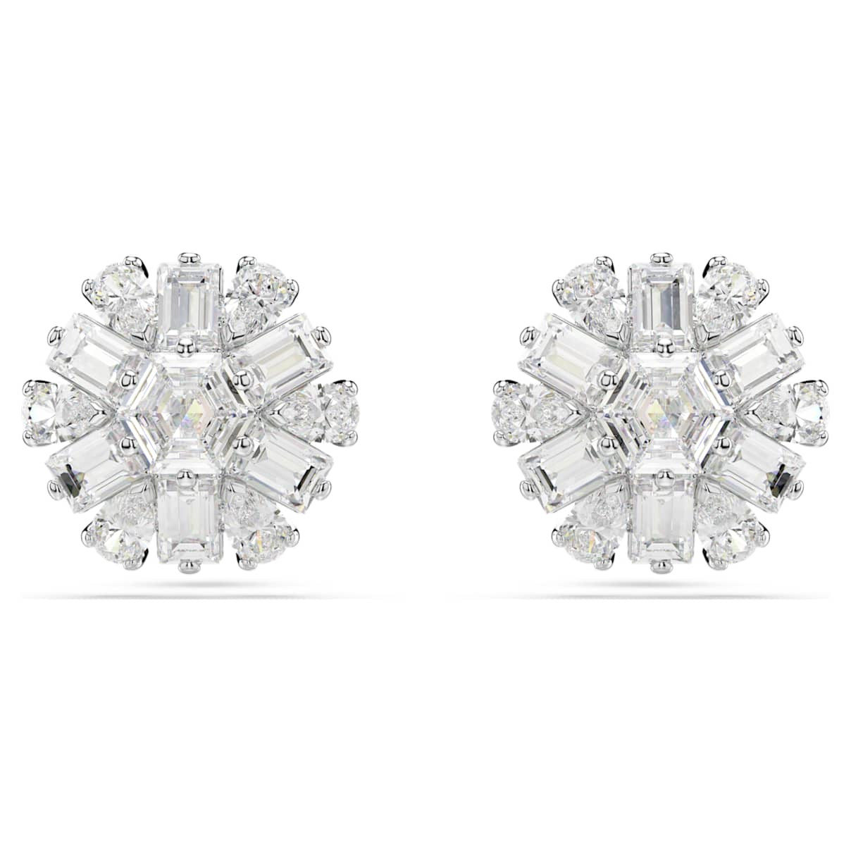 Idyllia stud earrings, Mixed cuts, Snowflake, White, Rhodium plated | SWAROVSKI