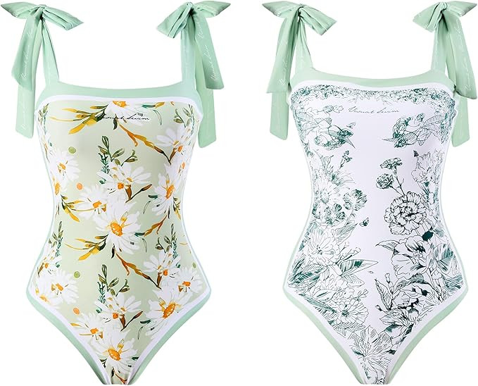 Women's Reversible One Piece Swimsuits Floral Tie Shoulder Tummy Control Slimming Bathing Suits S... | Amazon (US)
