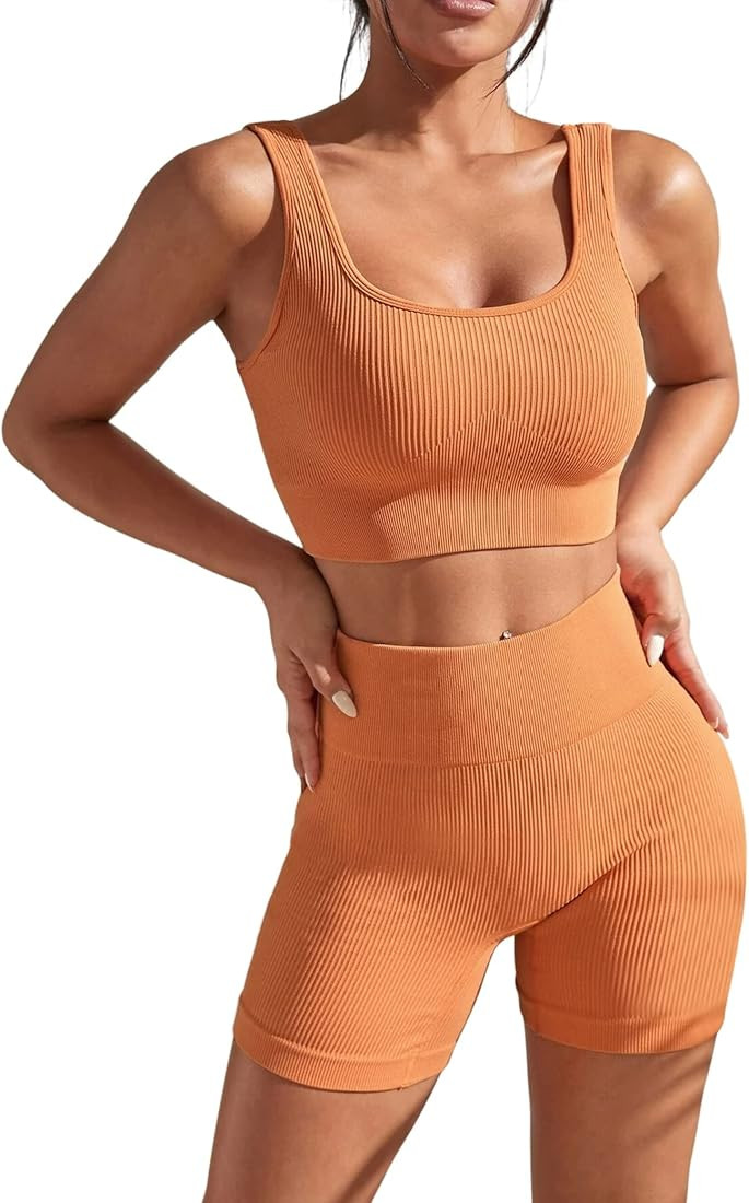 Womens Workout Sets 2 Piece Seamless Ribbed High Waist Shorts with Tank Crop Top Sport Bra Yoga Outf | Amazon (US)