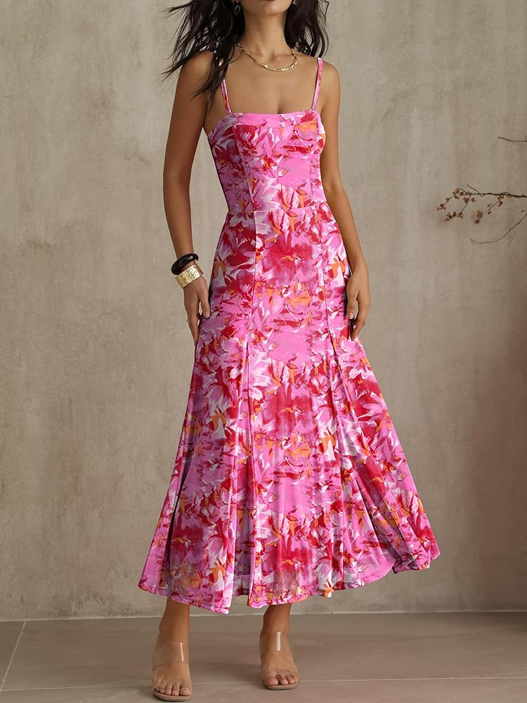 Caracilia Maxi Dresses for Women Formal Mesh Spaghetti Strap Cocktail Wedding Guest Party Floral ... | Amazon (US)