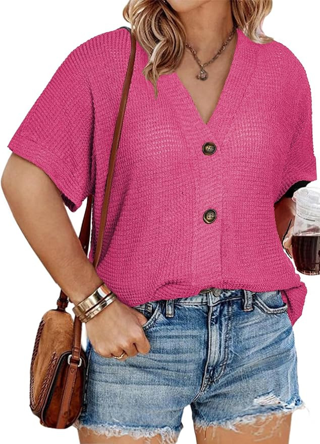 Eytino Womens Plus Size Tops Casual V Neck Short Sleeve Waffle Knit Button Down Shirts(1X-5X) | Amazon (US)