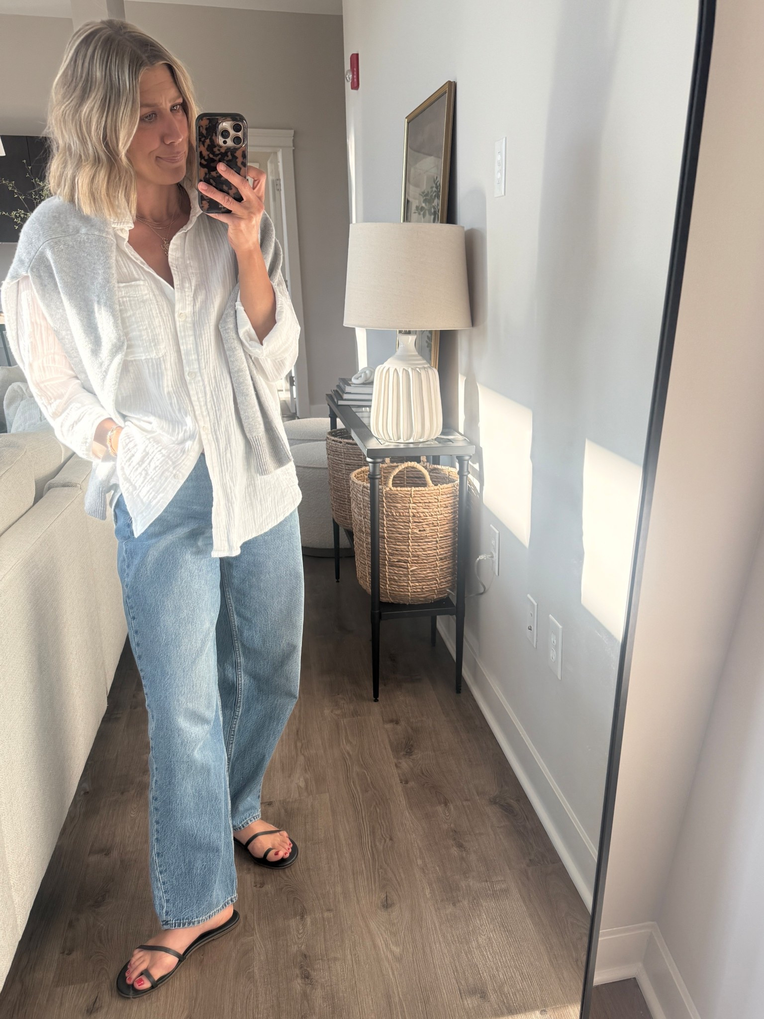 Wearing 26/regular jeans, medium gauze shirt, small cashmere sweater, sandals tts 

#LTKStyleTip #LTKOver40 #LTKFindsUnder100