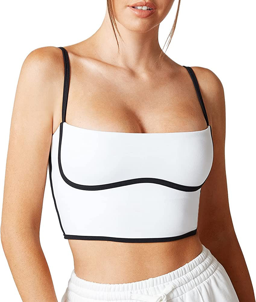 Move With You Sleeveless Spaghetti Strap Padded Sports Bra Tank Tops Square Neck Double Layer Workou | Amazon (US)
