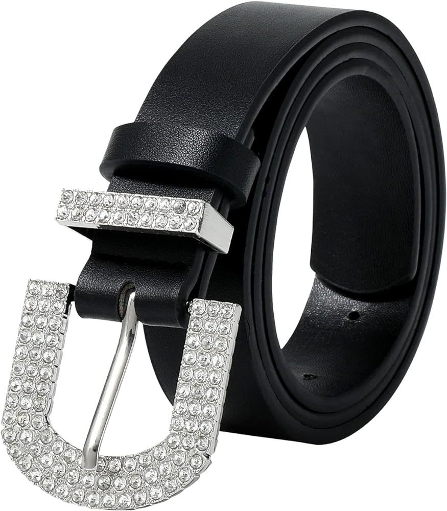 AWAYTR Rhinestone Buckle Belt for Women - PU Leather Plus Size Belts for Jeans and Dress | Amazon (US)