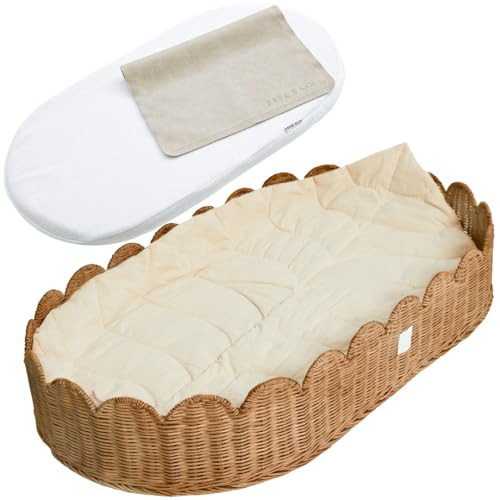BEBE BASK Premium Baby Changing Basket - Artisan-Crafted Scalloped Rattan - Changing Basket for Baby Dresser - All Accessories Included - Complete Set for Nursery (Mocca) | Amazon (US)