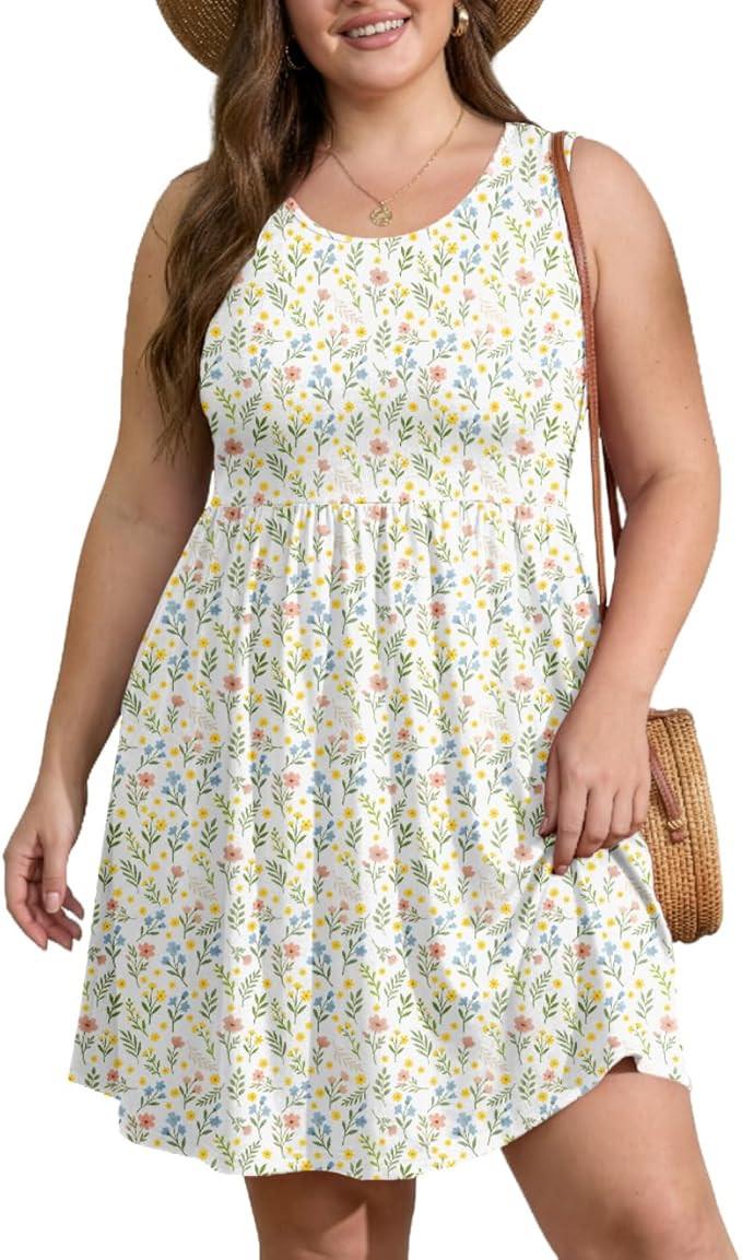 OLRIK Womens 2026 Plus Size Sundress A-Line Summer Sleeveless Knee Length Empire Waist T-Shirt Dr... | Amazon (US)