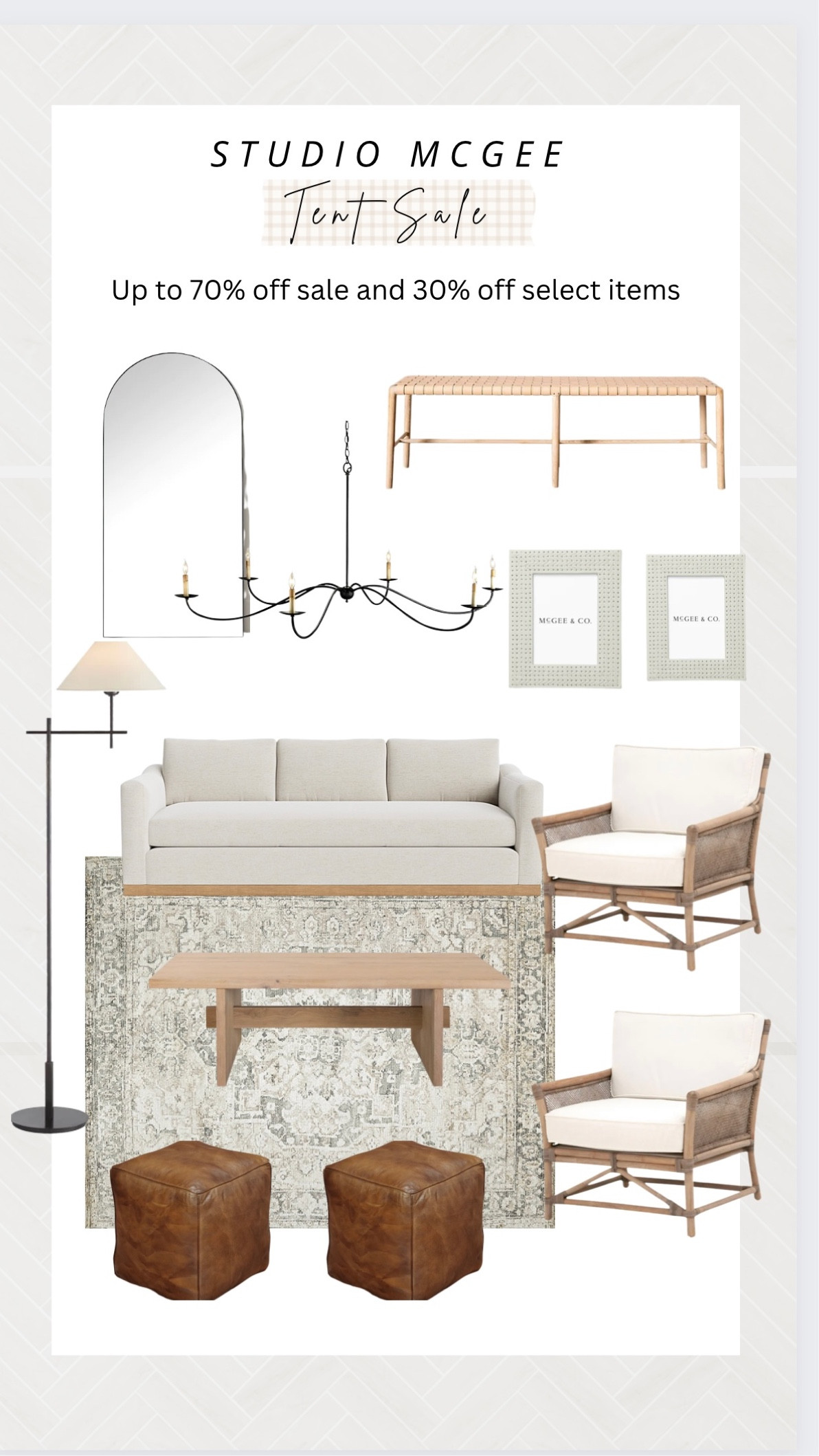 Studio McGee Tent Sale
Sofa, lighting, rugs, floor lamp, coffee table, accent chair, picture frame, chandelier, mirror, bench

#LTKstyletip #LTKFind #LTKhome