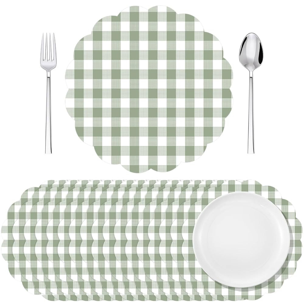 Tinlade 80 Pcs Sage Green Gingham Paper Placemats Buffalo Plaid Disposable Scalloped Place Mats 1... | Amazon (US)