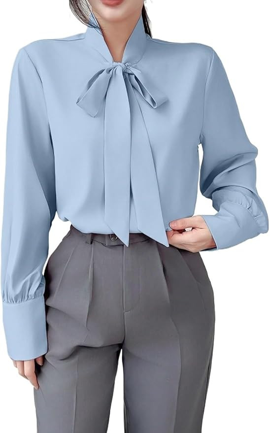 Women's long sleeve shirts Solid Color Tie Collar Long Sleeve Elegant Blouse | Amazon (US)