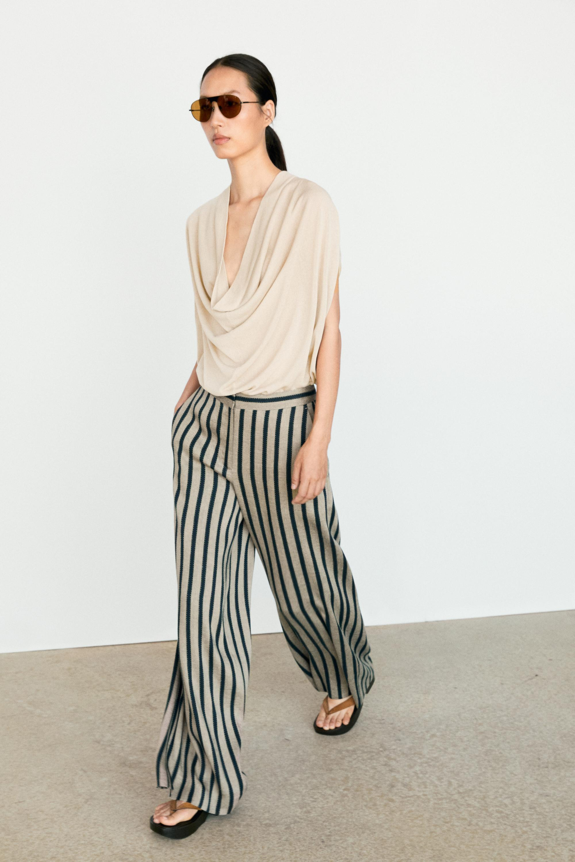 Striped wide-leg linen blend pants | Massimo Dutti UK