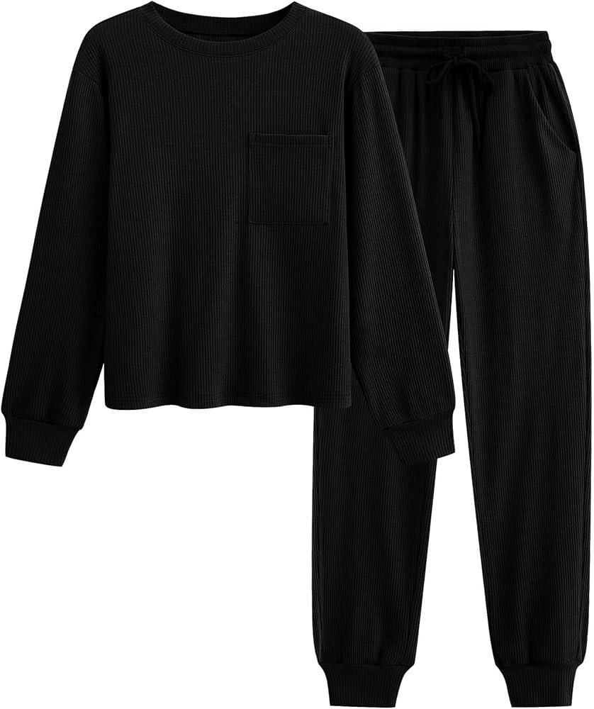 BTFBM Women's Two Piece Tracksuit Fall Long Sleeve Ribbed Knit Sweatshirt Long Pants With Drawstr... | Amazon (US)