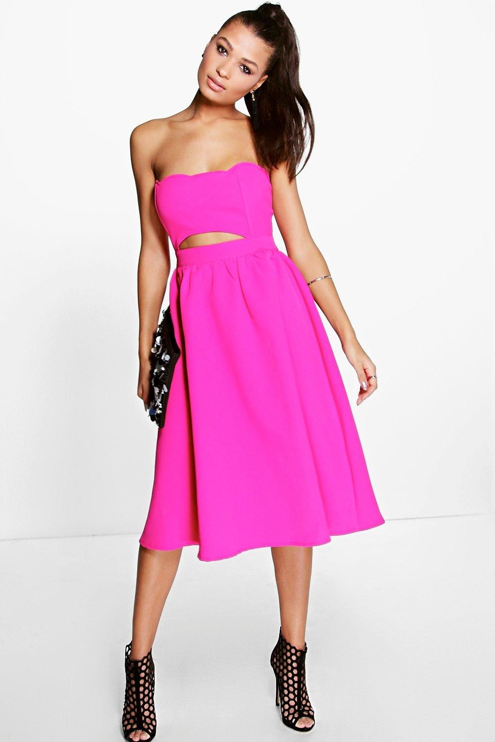 Sinead Jacquard Fabric Scallop Neck Prom Midi Dress pink | Boohoo.com (US & CA)