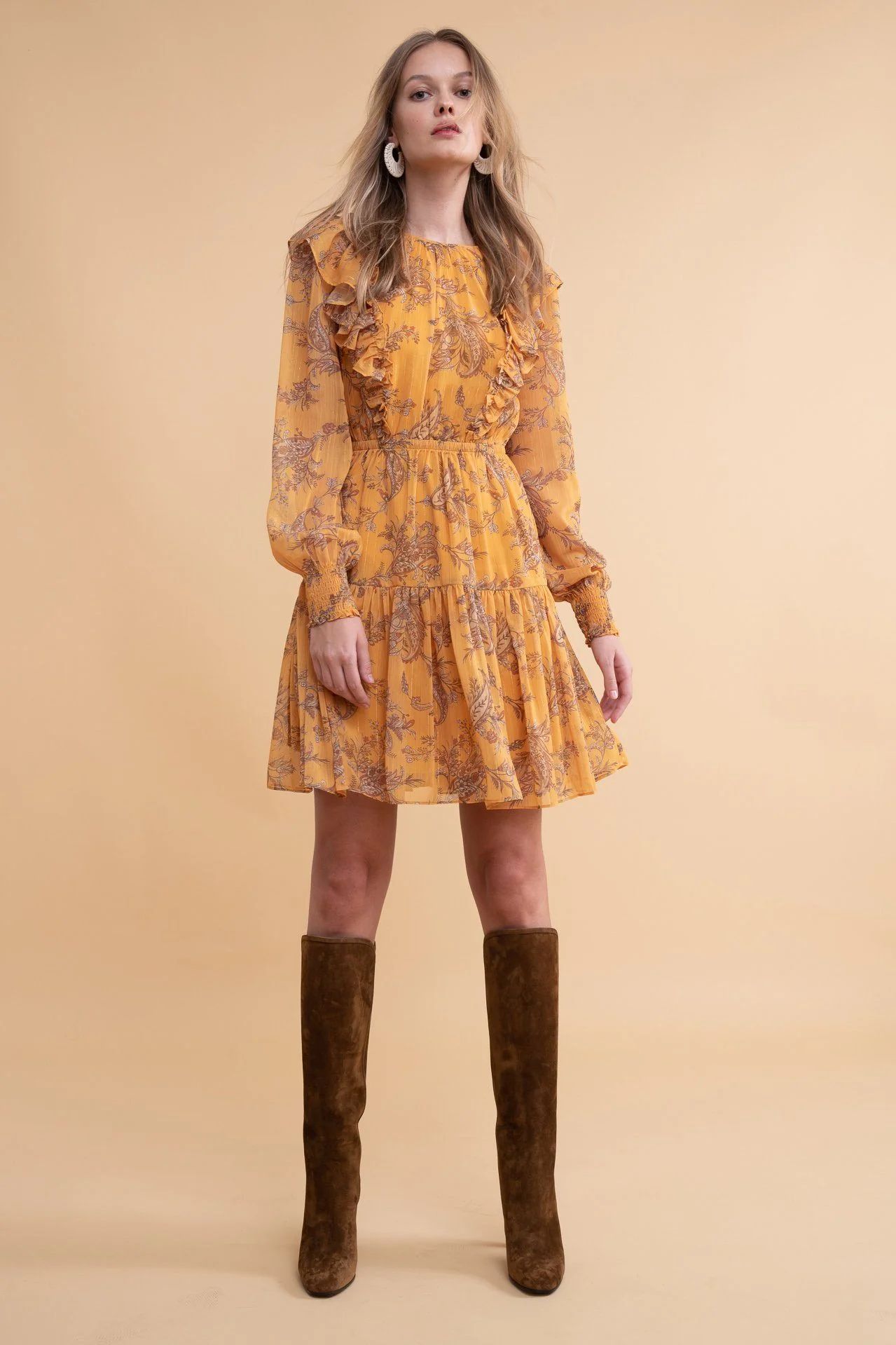 Long Sleeve Chiffon Fit and Flare Dress - Yellow Paisley | Rachel Parcell