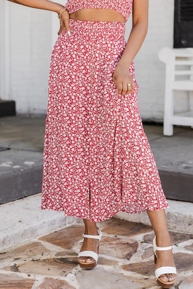In The Know Red Floral Midi Skirt | Pink Lily