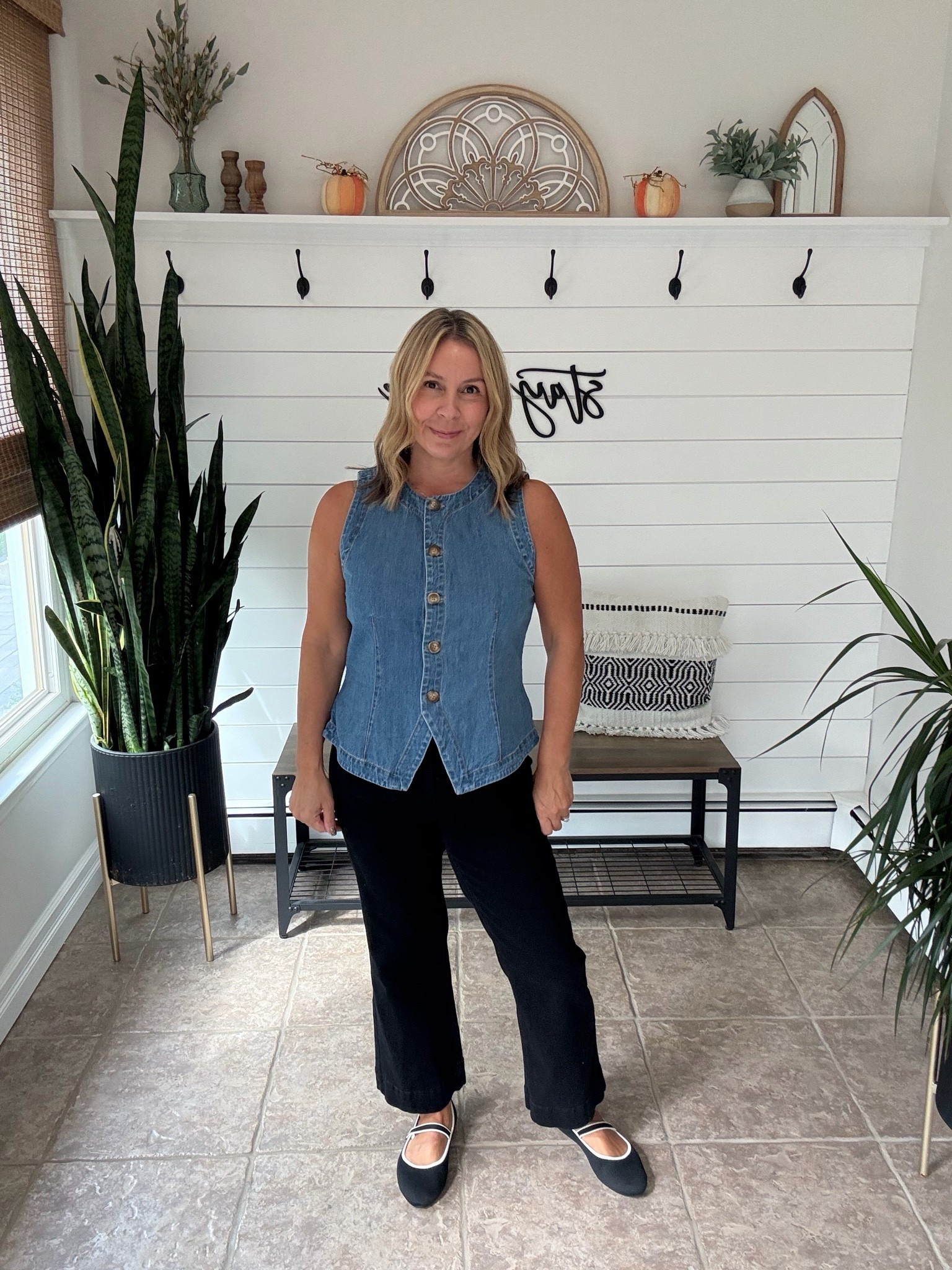 Summer outfits idea! My favorite jeans but in black size medium with this cute denim vest! Business casual outfit

#LTKOver40 #LTKPetite #LTKSaleAlert