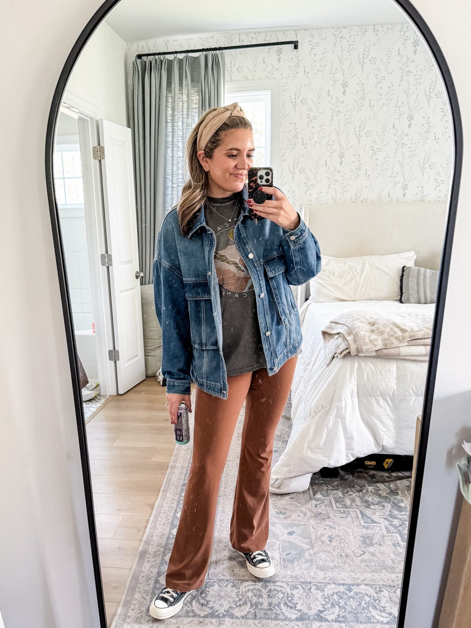 Outfit of the day: leggings outfit, flare leggings outfit idea. In a large in the denim jacket. It has an oversized fit. In my true size (medium) in everything else. 

#LTKfindsunder100 #LTKstyletip
