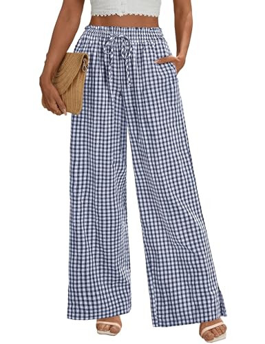 Rapbin Wide Leg Pants for Women Palazzo Pants High Waisted Trendy Lightweight Lounge Trousers (Navy Blue White Plaid, XXL) | Amazon (US)
