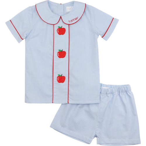 Blue Gingham Embroidered Apple Short Set | Cecil and Lou