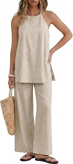 UNCOOYEE Womens 2 Piece Linen Outfits Halter Neck Sleeveless Side Split Top Wide Leg Pants Set Ca... | Amazon (US)