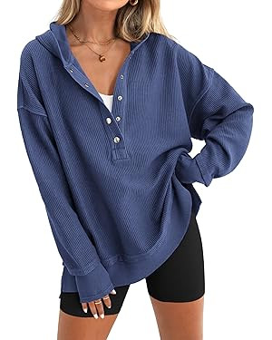 PRETTYGARDEN Womens Fashion 2025 Oversized Long Sleeve Hoodie Button Down V Neck Sweatshirt Side ... | Amazon (US)