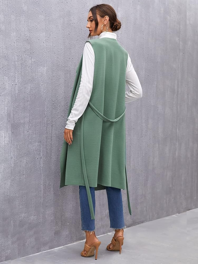 SheIn Women's Draped Open Front Sleeveless Cardigan Longline Belted Outerwear Duster Vest | Amazon (US)