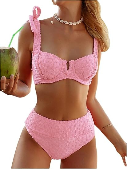 SOLY HUX Women's High Waisted Bathing Suit Tie Shoulder Underwire Summer Swimsuit Bikini Set | Amazon (US)