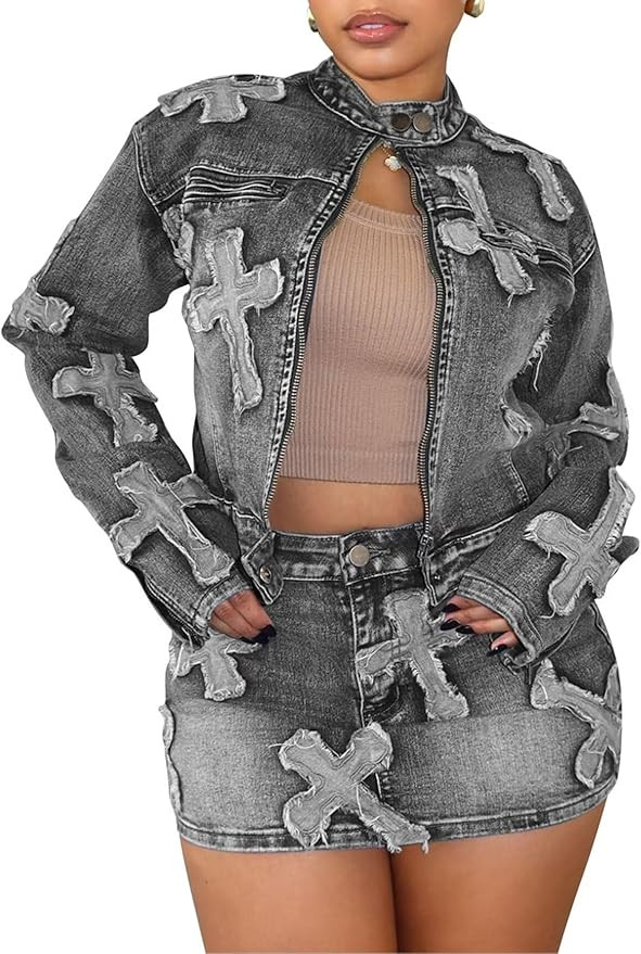 Uni Clau 2 Piece Denim Skirt Set for Women Y2K Long Sleeve Zipper Jean Jacket Top Mini Skirt Body... | Amazon (US)