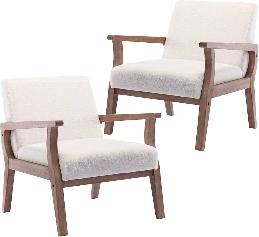 Mid Century Modern Accent Chairs Set of 2 with Wood Frames, Linen Upholstered Living Room Arm Cha... | Amazon (US)