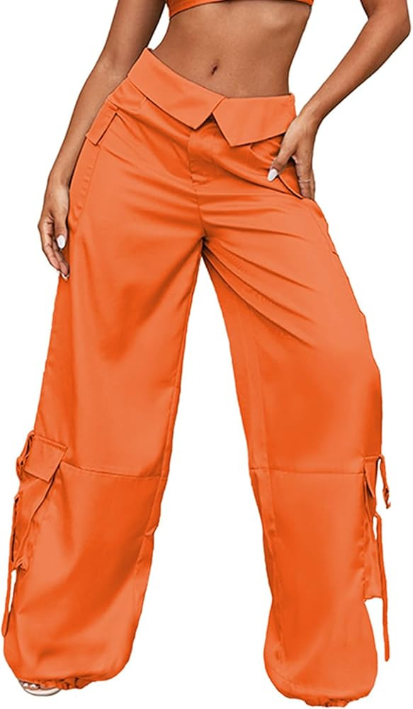 Cargo Pants for Women Lapel Waist Parachute Pants Casual Straight Pants with Flap Pockets | Amazon (US)