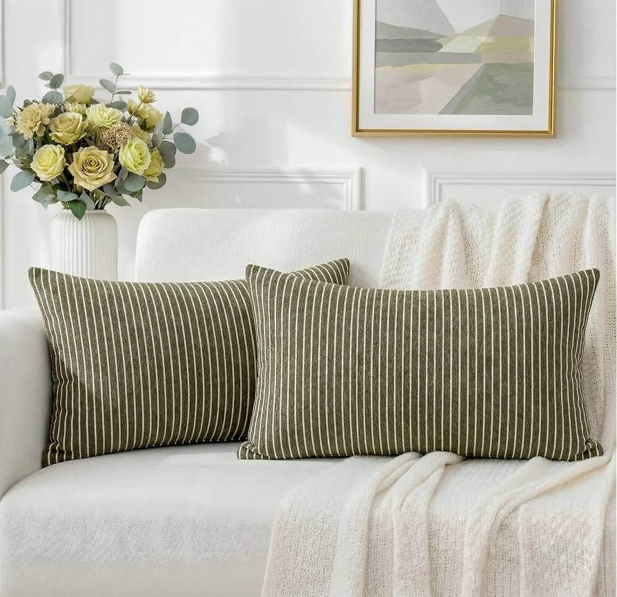 Striped Textured Chenille Lumbar Pillow Covers 20x12 Set of 2, Soft Double-Sided Decorative Throw... | Amazon (US)