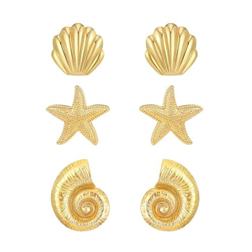 3 Pairs Beach Earrings for Women 14K Gold Statement Earrings Summer Ocean Jewelry Starfish Conch Seashell Stud Earring Set | Amazon (US)