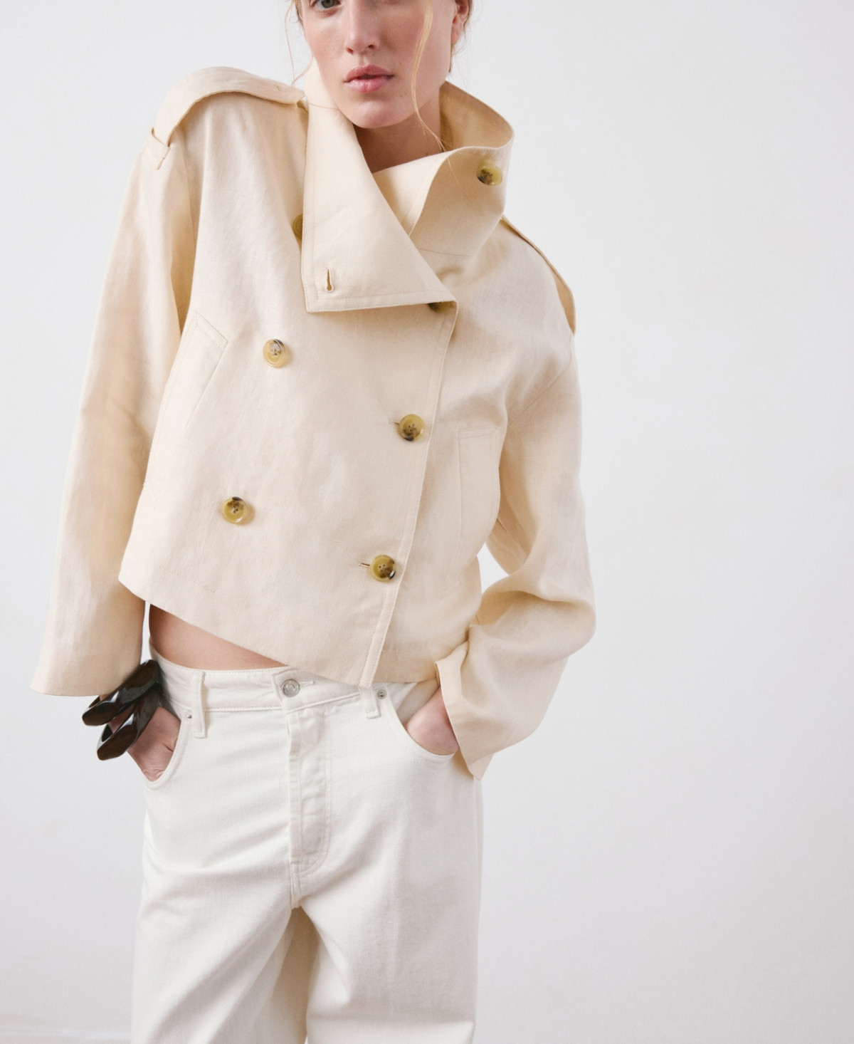Mango Women's Funnel-Neck Linen Trench Coat - Ecru | Macy's