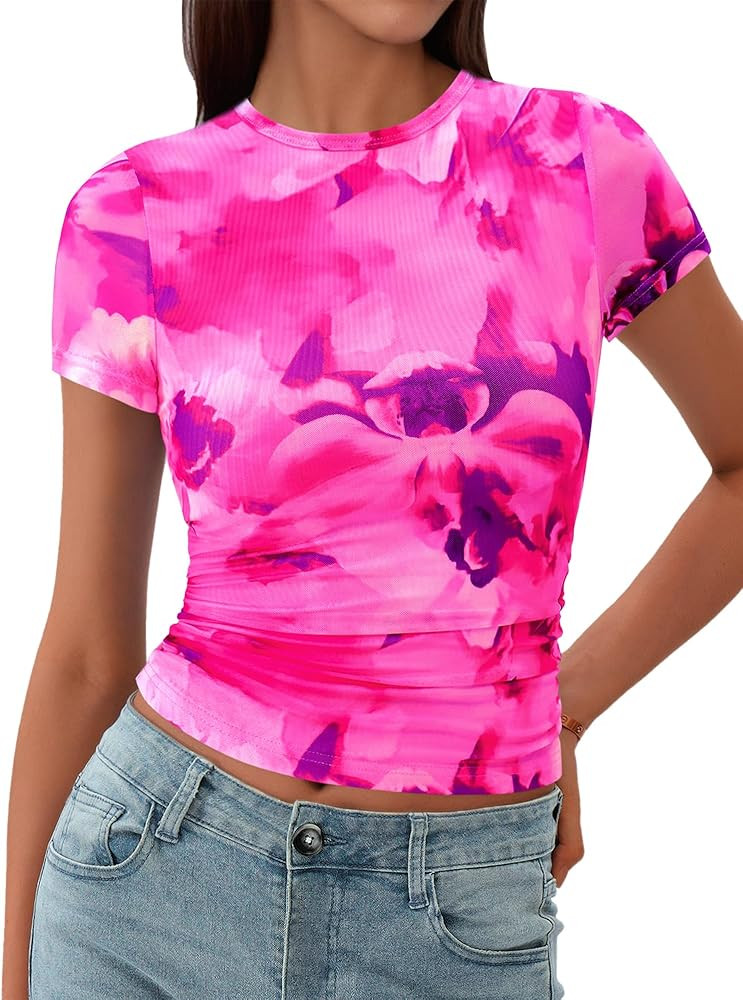 BTFBM Womens Sheer Mesh Summer Tops 2025 Crewneck Short Sleeve Print Ruched Crop Top Slim Fit Clu... | Amazon (US)