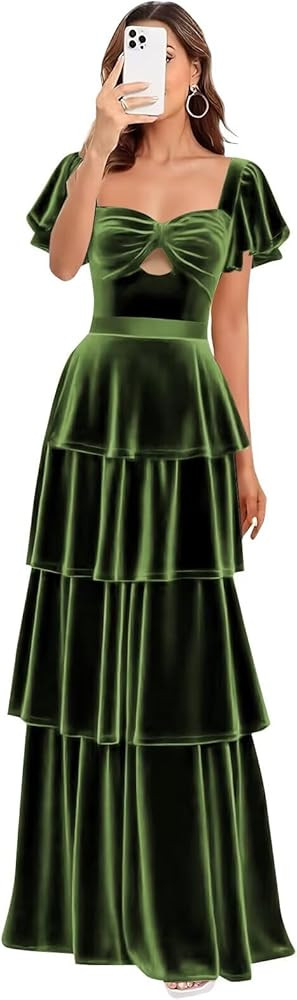 Flutter Sleeve Velvet Dress for Women Long Tiered Cut Out Cocktail Dresses Formal Evening Gown | Amazon (US)