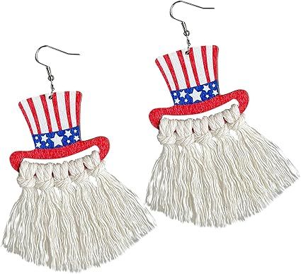 Country Patriotic Decor Independence Day Wooden Handwoven Earrings Hollow Out Rainbow Tassel Earr... | Amazon (US)