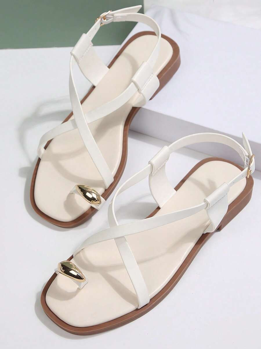 Shoes For Women Flat Sandals Toe Ring Slingback Flats With Gold Ball Ankle Buckle Strappy Summer ... | SHEIN